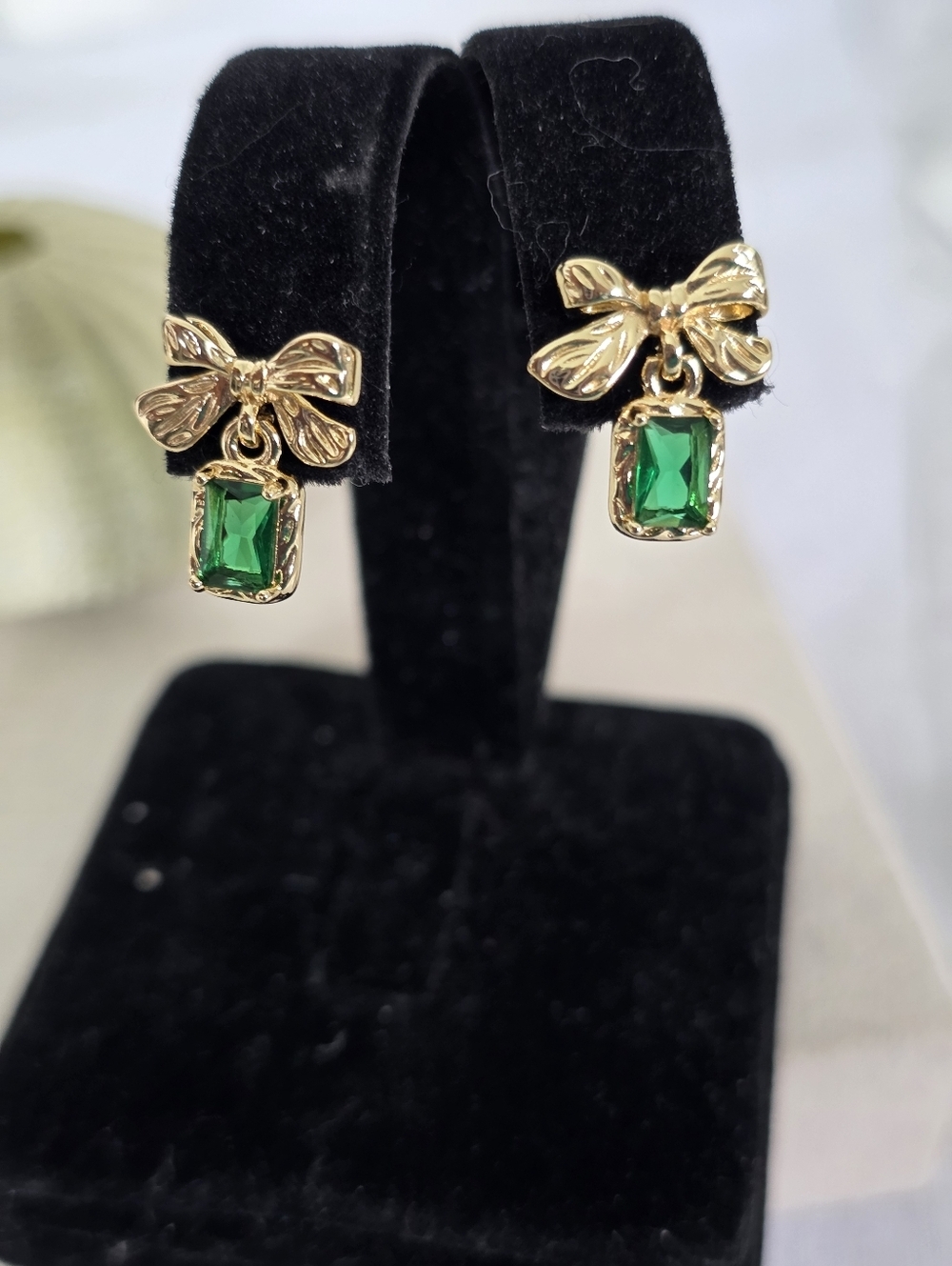 Emerald Green Baguette Bow Stud Earrings | Gold Filled Coquette